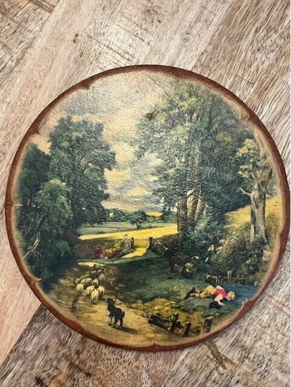 Vintage Wooden Trivet Wall Plaque John Constable The Cornfield Sheep Herder